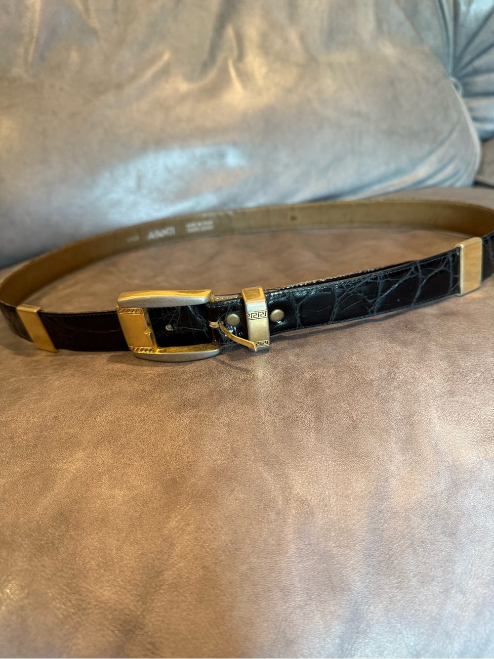 Avanti Black Croc-Embossed Belt with Gold Hardware